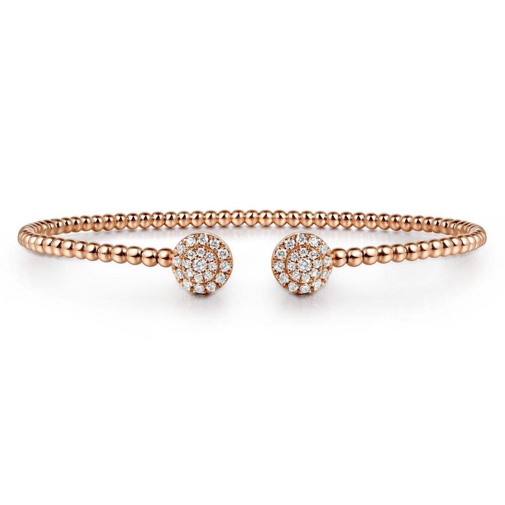 14K Rose Gold Bujukan Bead Split Cuff Bracelet with Round Pave Diamond Discs