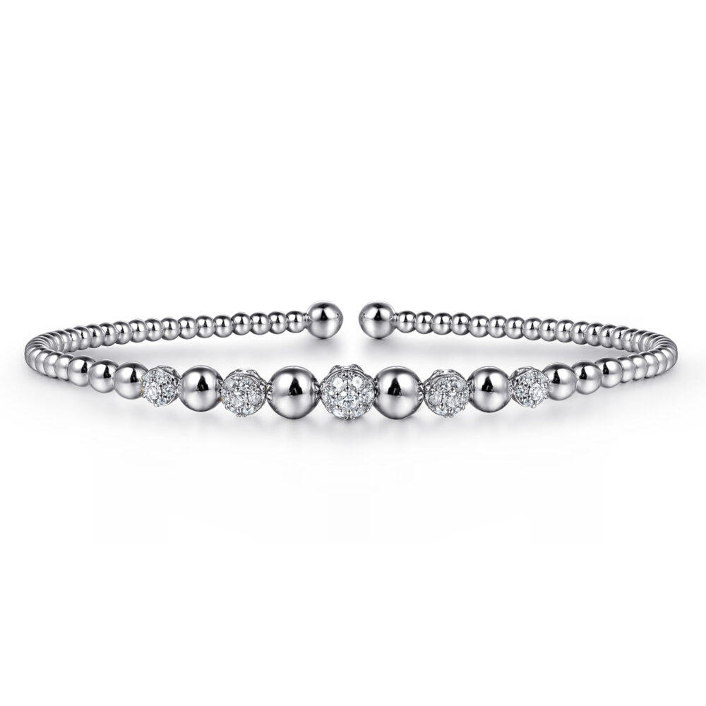 14K White Gold Bujukan Bead Cuff Bracelet with Pave Diamond Stations