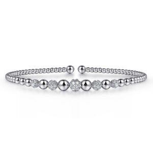14K White Gold Bujukan Bead Cuff Bracelet with Pave Diamond Stations
