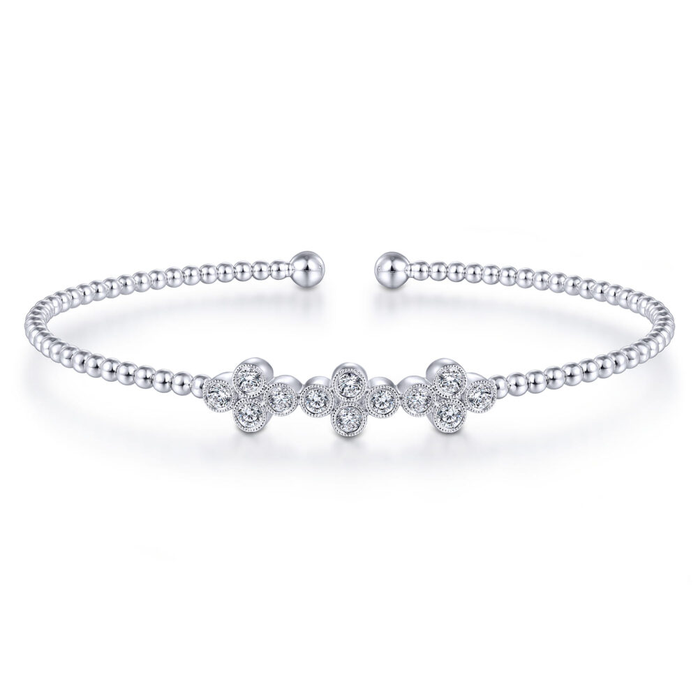 14K White Gold Bujukan Bead Cuff Bracelet with Three Quatrefoil Diamond Stations