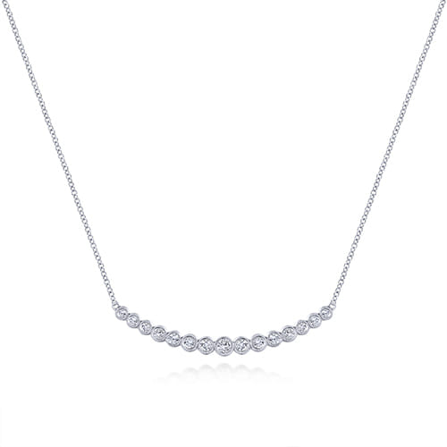 14K White Gold Curved Bar Necklace with Bezel Set Round Diamonds