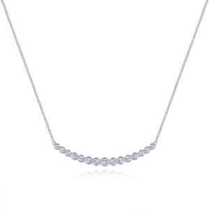 14K White Gold Curved Bar Necklace with Bezel Set Round Diamonds