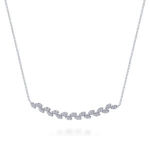 14K White Gold Diamond Pave Curved Bar Leaf Necklace