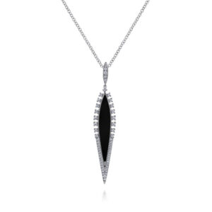 14K White Gold Diamond and Onyx Pendant Necklace