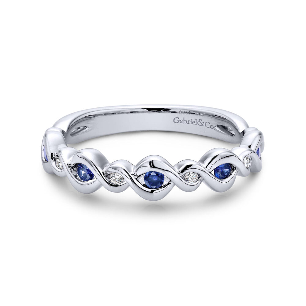 14K White Gold Twisted Ring with Sapphire and Diamond Stones