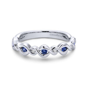 14K White Gold Twisted Ring with Sapphire and Diamond Stones