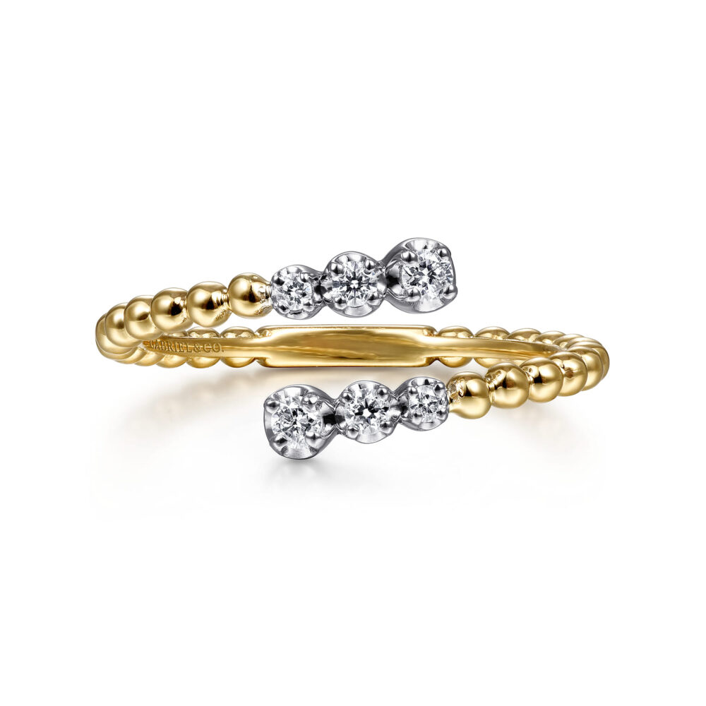 14K White Yellow Gold Beaded Diamond Bypass Ring-Bujukan