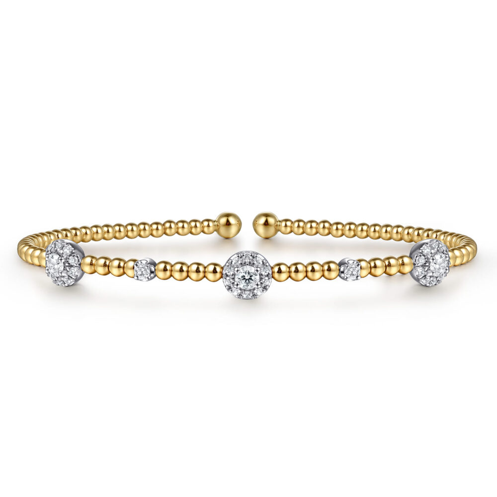 14K White & Yellow Gold Beaded Diamond Cuff Bangle Bracelet, 0.5ct-Bujukan