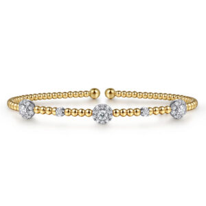 14K White & Yellow Gold Beaded Diamond Cuff Bangle Bracelet, 0.5ct-Bujukan