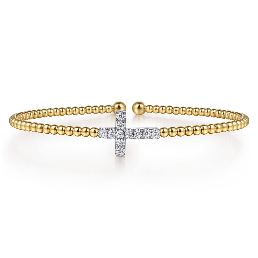 14K White & Yellow Gold Beaded Diamond Cuff Bangle Bracelet, 6.25 inch-Bujukan
