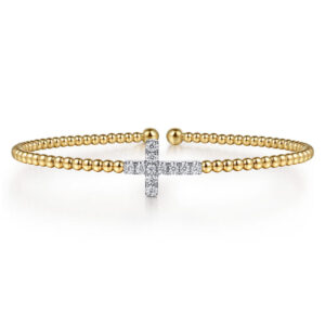 14K White & Yellow Gold Beaded Diamond Cuff Bangle Bracelet, 6.25 inch-Bujukan
