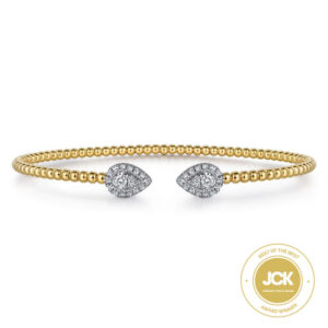 14K White & Yellow Gold Beaded Diamond Open Bangle Bracelet-Bujukan