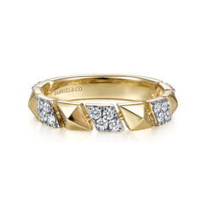 14K Yellow Gold Alternating Pave Diamond and Pyramid Ring