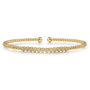14K Yellow Gold Bujukan Bead Cuff Bracelet with Bezel Set Diamond Stations
