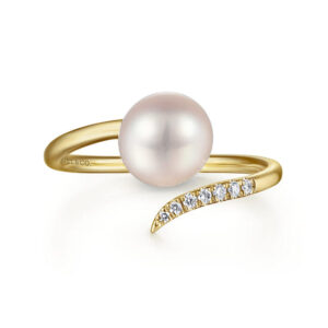 14K Yellow Gold Cultured Pearl and Diamond Open Wrap Ring