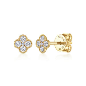 14K Yellow Gold Diamond Flower Clover Earrings