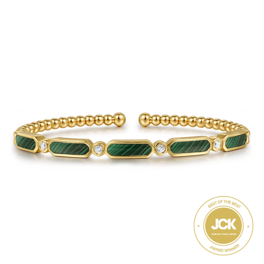 14K Yellow Gold Diamond and Malachite Cuff Bangle Bracelet-Bujukan