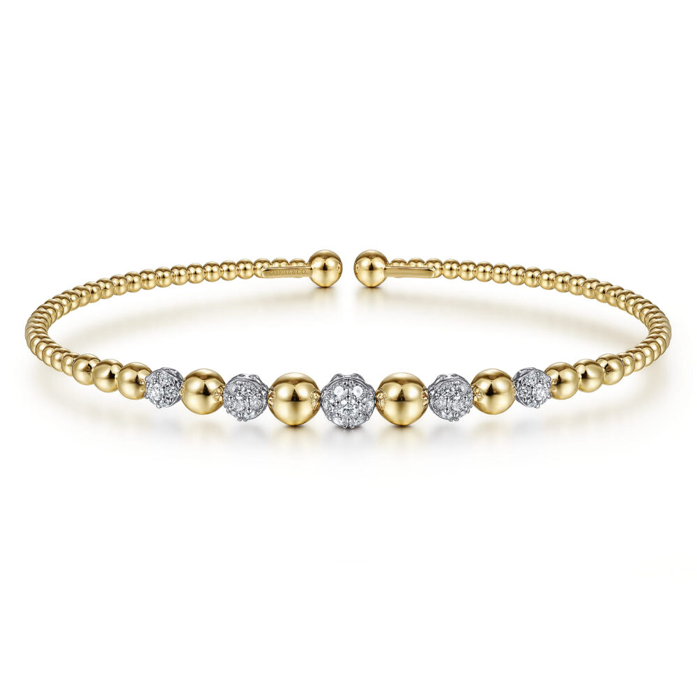 14K Yellow-White Gold Bujukan Bead Cuff Bracelet with Pave Diamond Stations