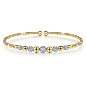 14K Yellow-White Gold Bujukan Bead Cuff Bracelet with Pave Diamond Stations
