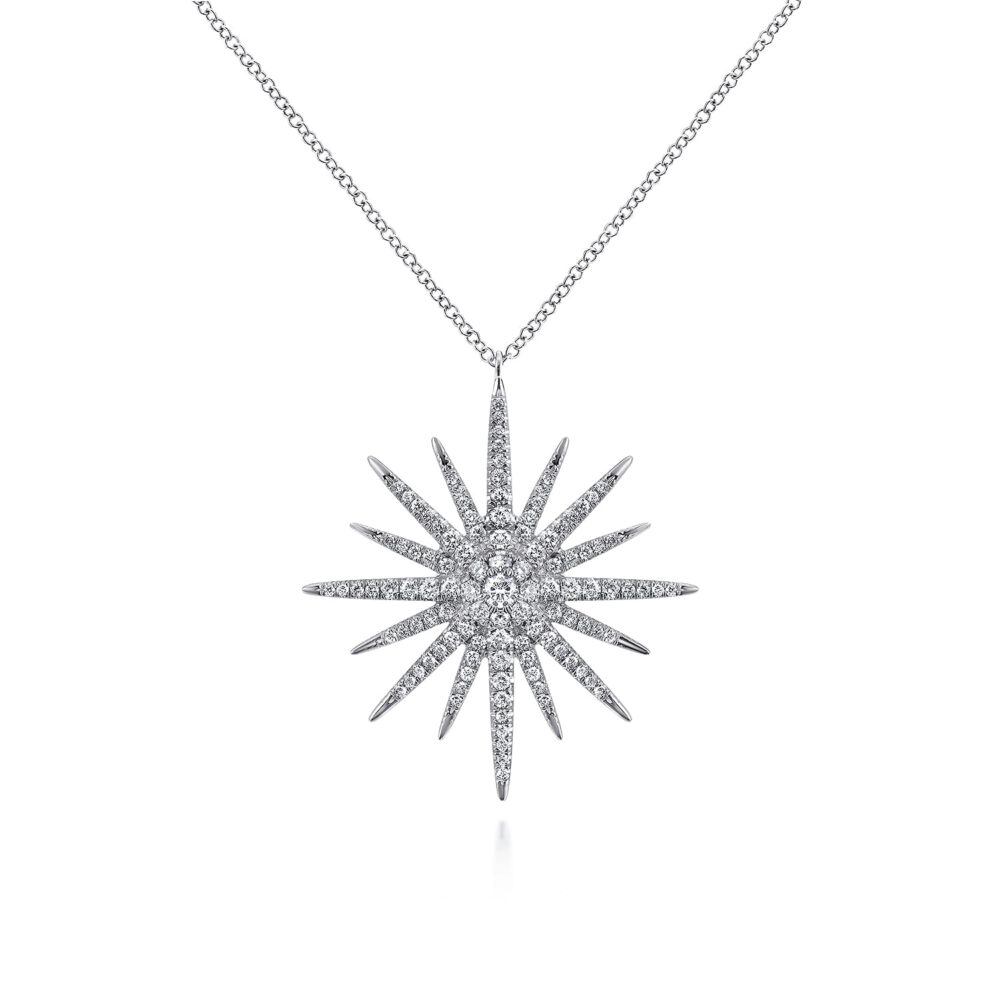 25 inch 14K White Gold Diamond Pave Starburst Pendant Necklace