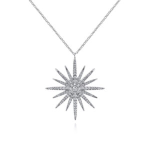 25 inch 14K White Gold Diamond Pave Starburst Pendant Necklace