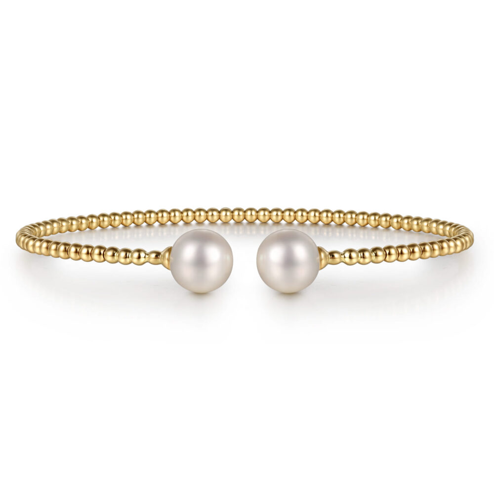 Beaded Open Bangle Bracelet 14K Yellow Gold Pearl Bujukan