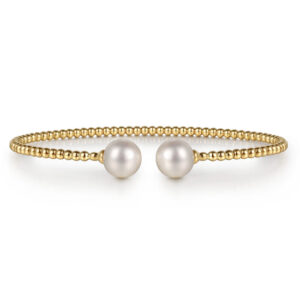 Beaded Open Bangle Bracelet 14K Yellow Gold Pearl Bujukan