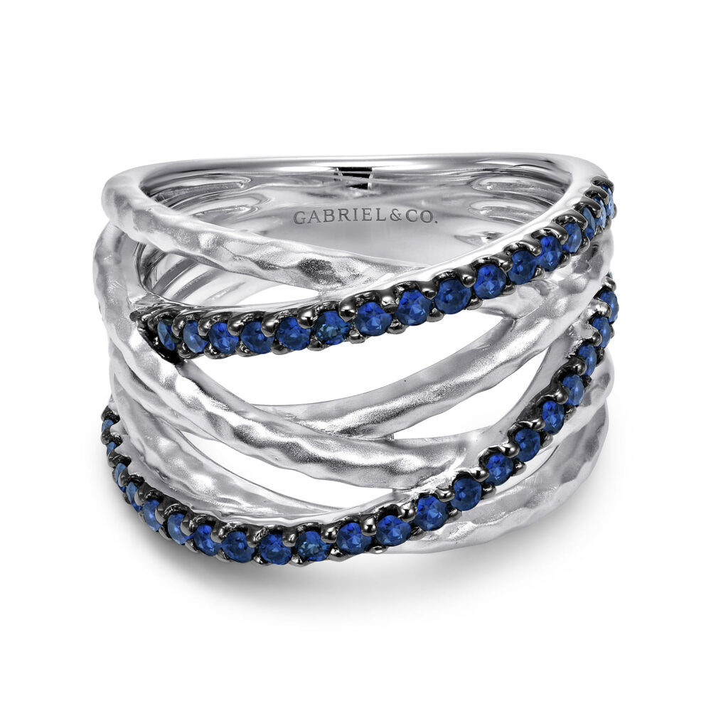 Sterling Silver Hammered Wide Band Layered Sapphire Ring