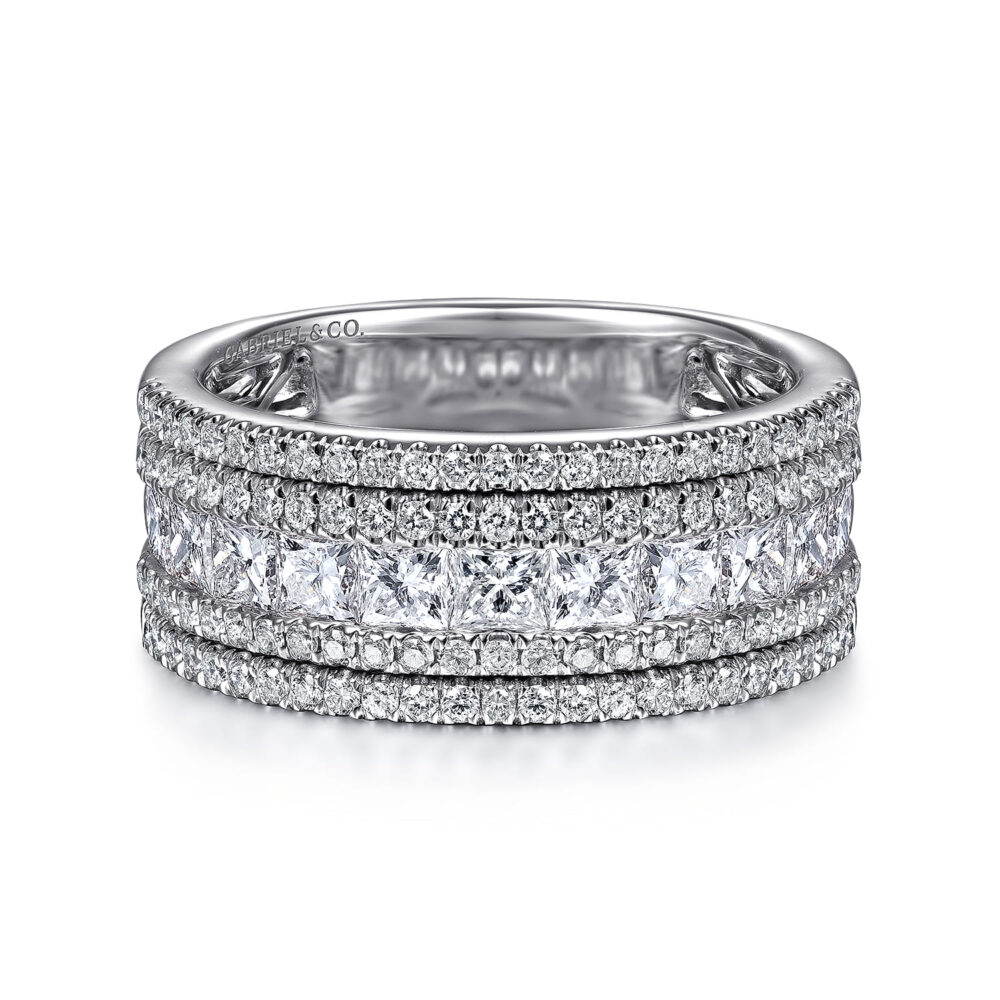 Wide 14K White Gold Channel Set Diamond Anniversary Band with Round and Princess Cut Diamonds