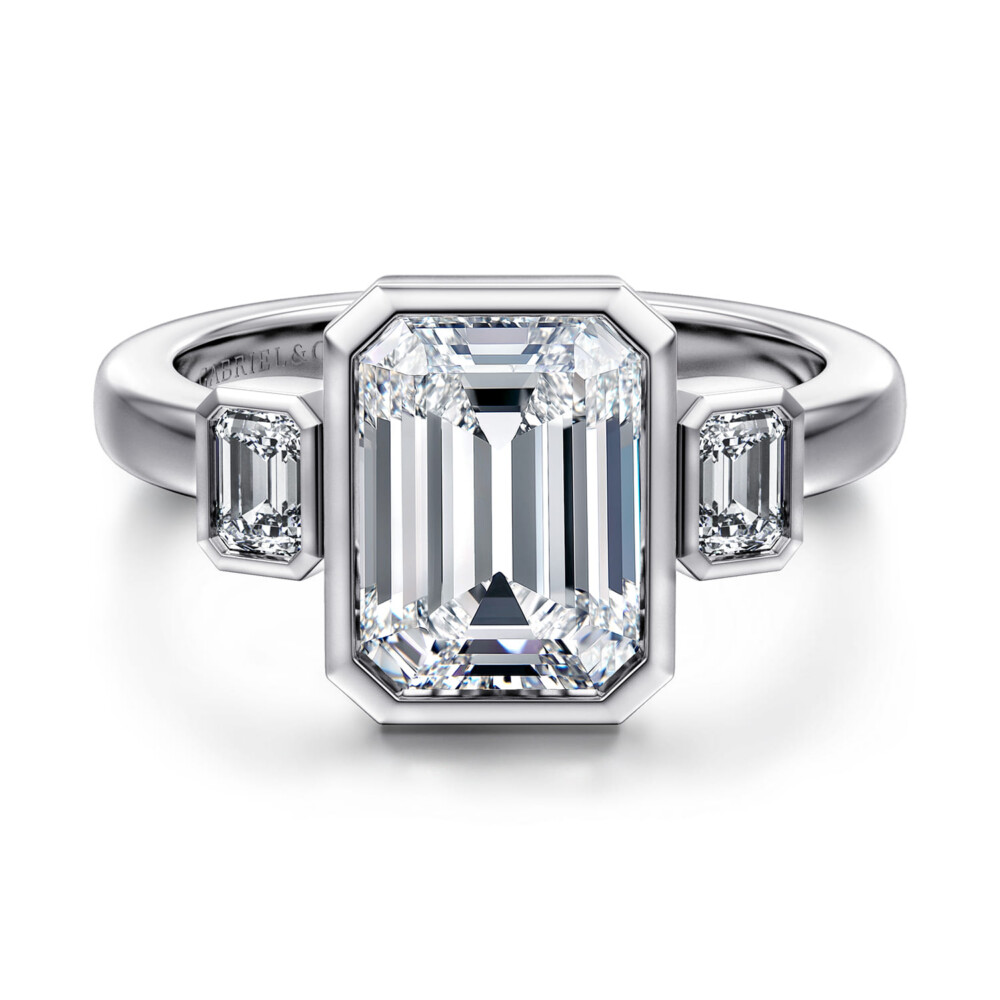 Nelle – 14K White Gold Emerald Cut Three Stone Diamond Engagement Ring