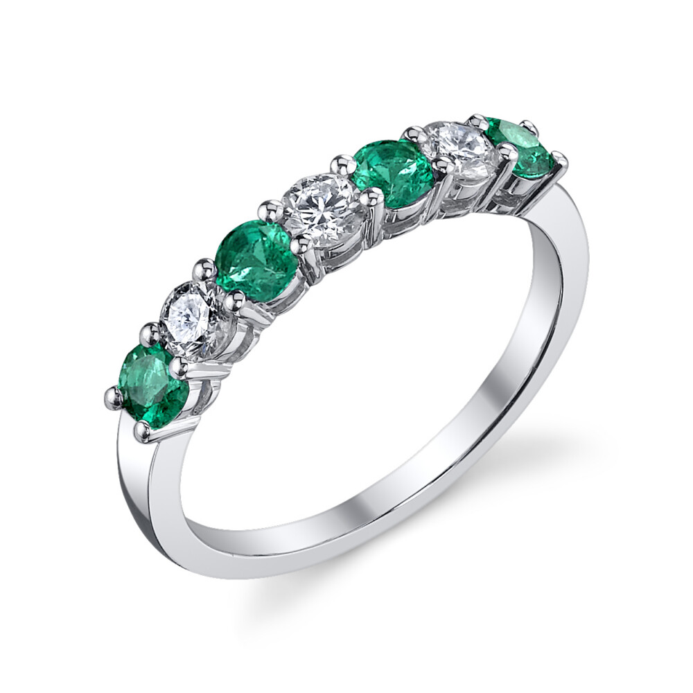 Double Shared Prong Emerald and Diamond Halfway Band