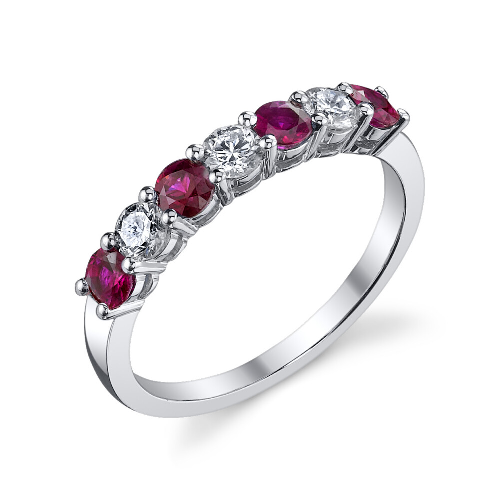 Double Shared Prong Ruby and Diamond Halfway Band