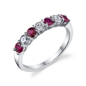 Double Shared Prong Ruby and Diamond Halfway Band