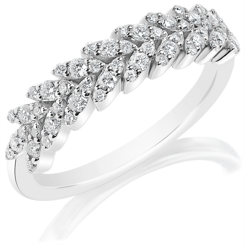 Halfway Studded Leaf Pattern Wedding Band