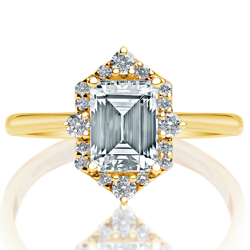 Emerald Diamond Hexagonal Halo Engagement Ring