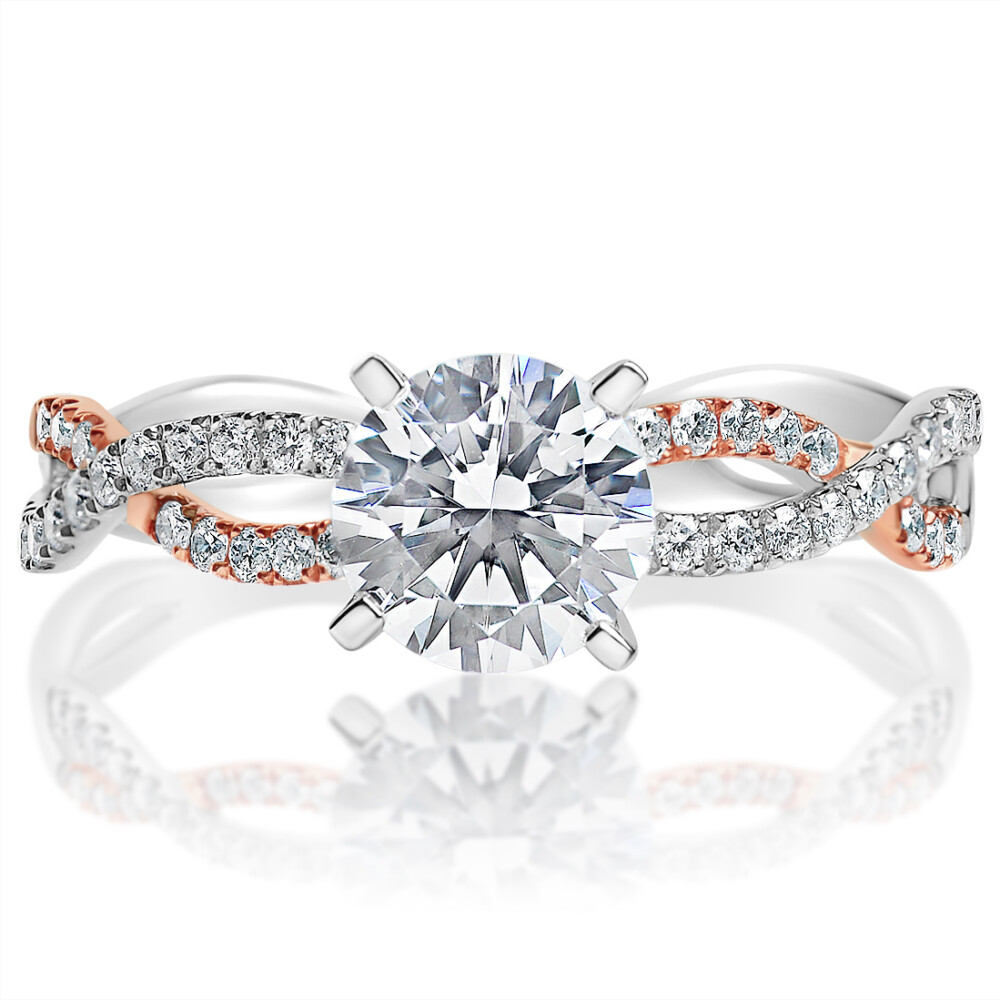 Round Diamond Rose and White Gold Twist Engagement Ring
