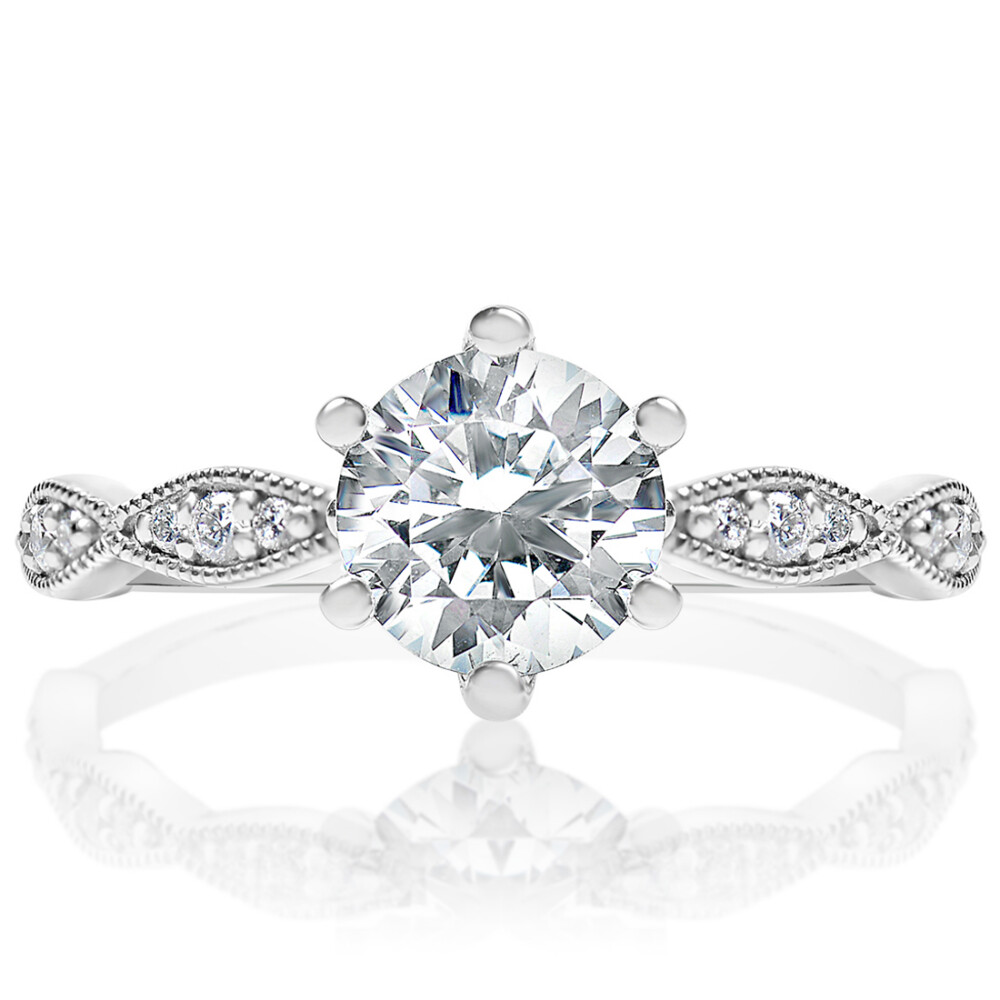 Round Diamond Six Prong Petal Band Engagement Ring
