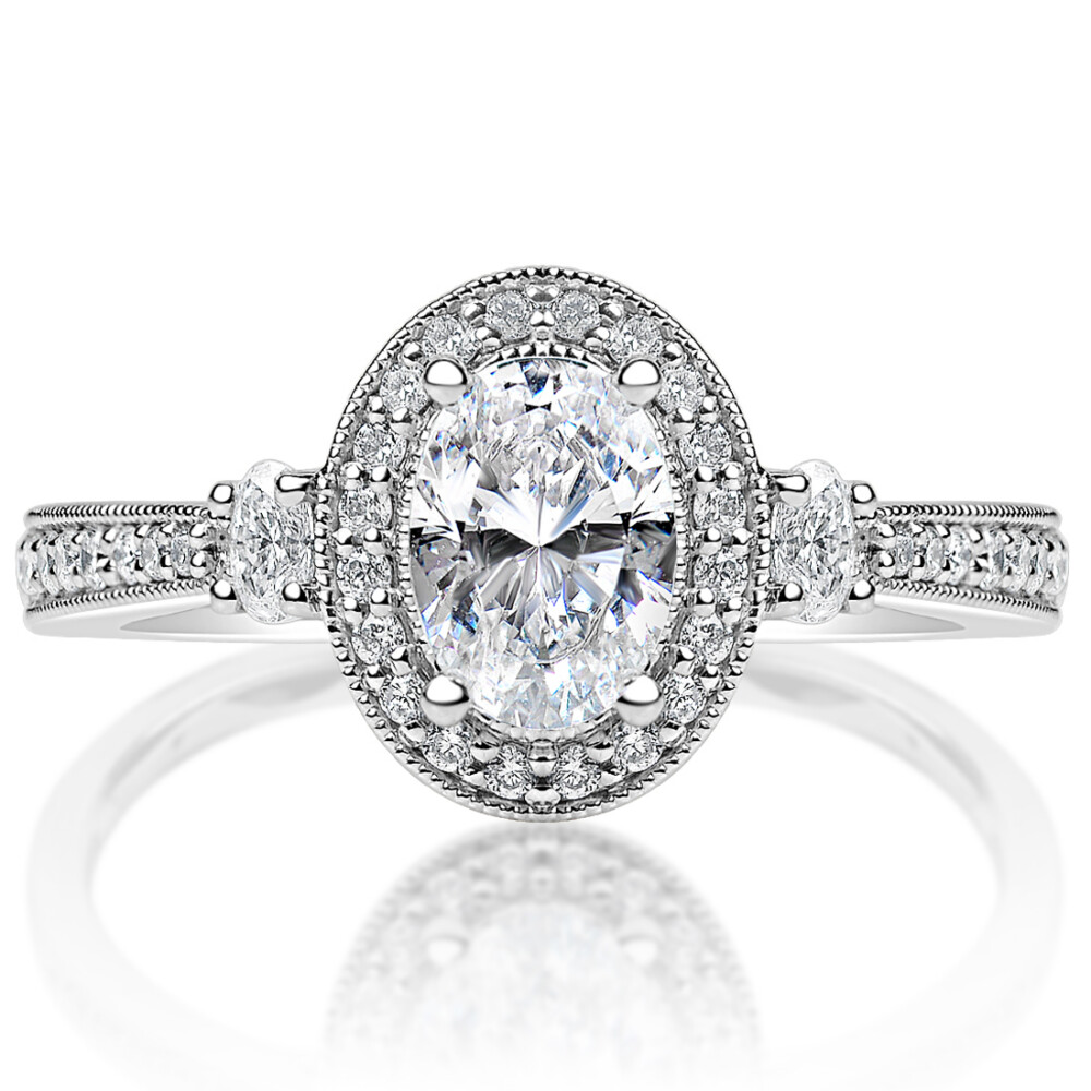 Oval Three Stone Halo Vintage Engagement Ring
