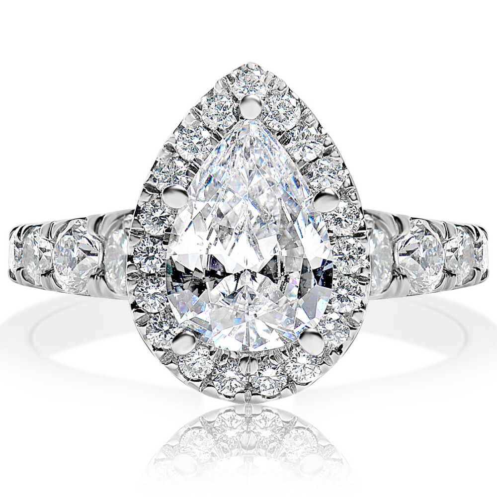 Pear Diamond Halo Graduated Shank Engagement Ring