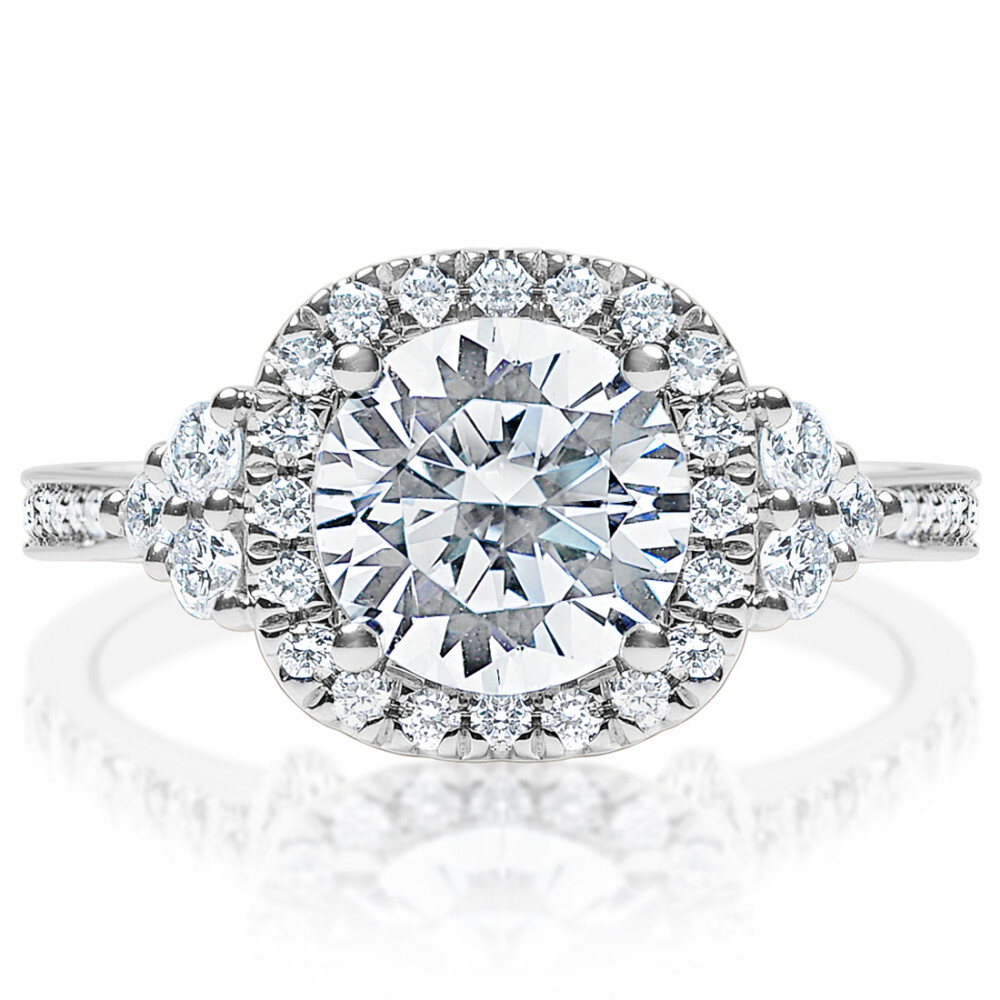 Round Diamond Cushion Halo with Clusters Engagement Ring