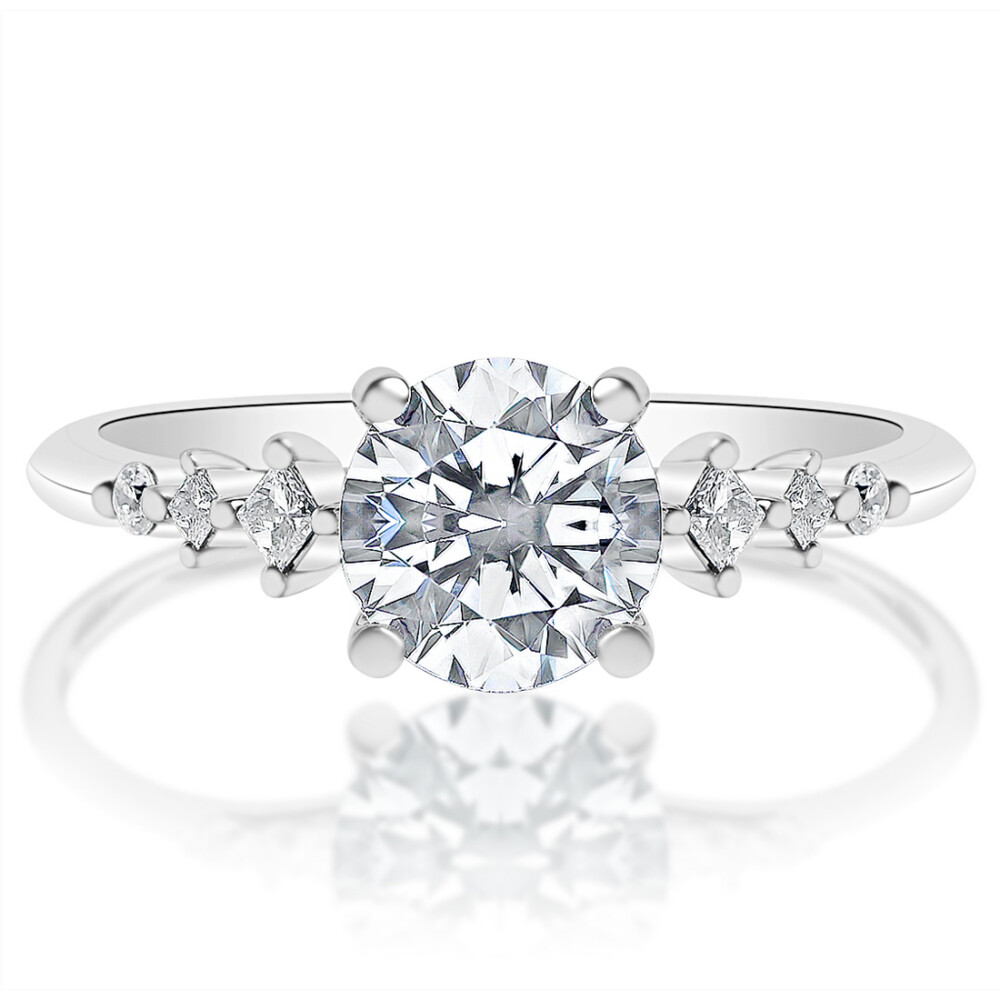 Round Diamond Princess Kite Sidestones Engagement Ring