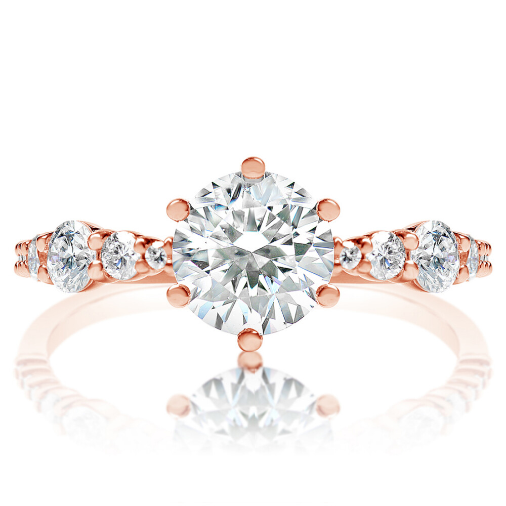 Round Diamond Six Prong Alternating Diamond Engagement Ring