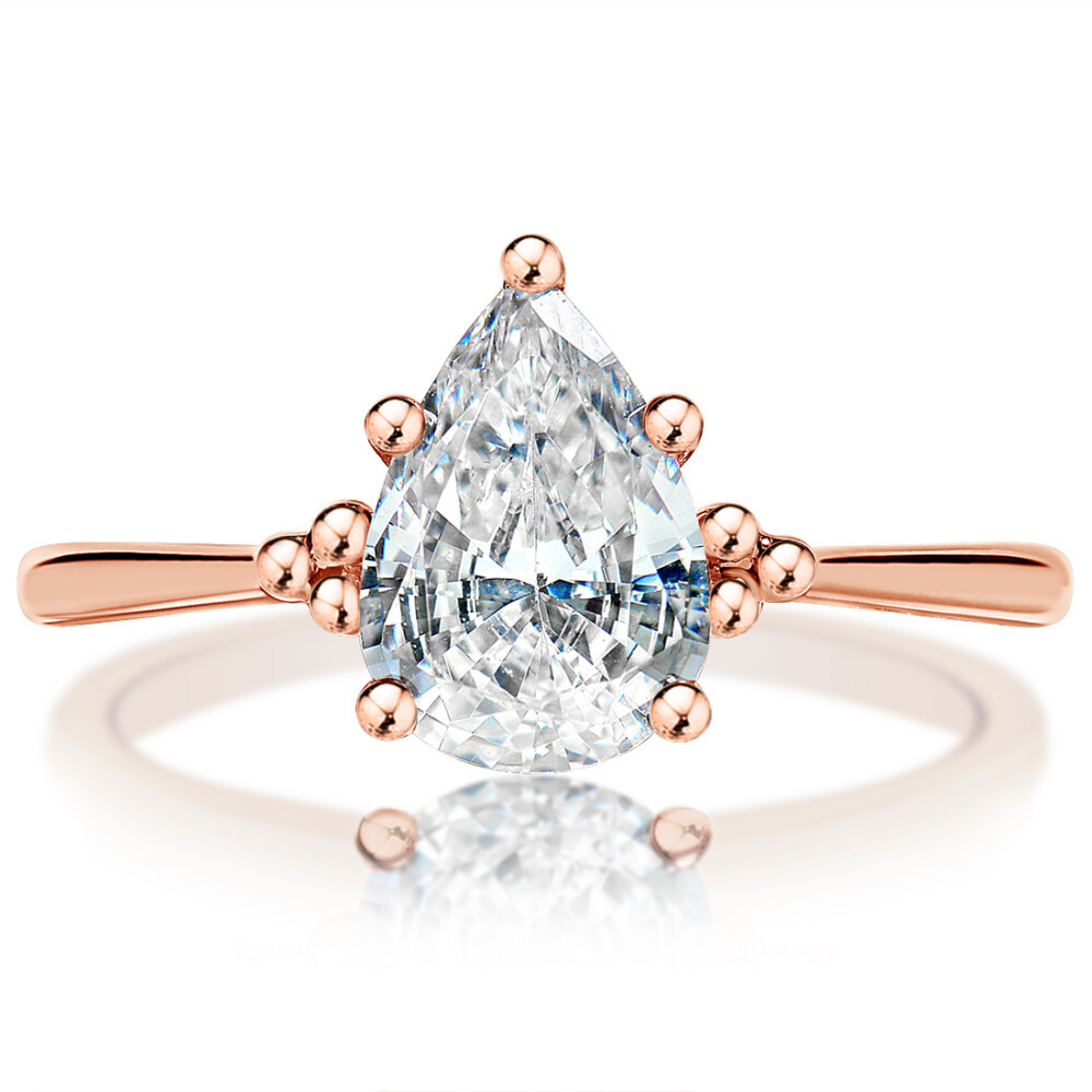Pear Diamond Bead Detail Solitaire Engagement Ring