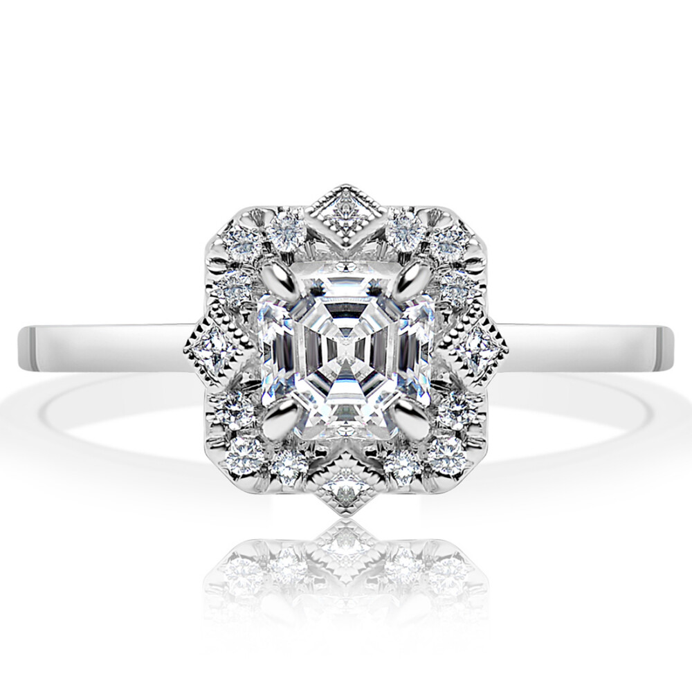 Asscher Diamond Unique Halo Engagement Ring