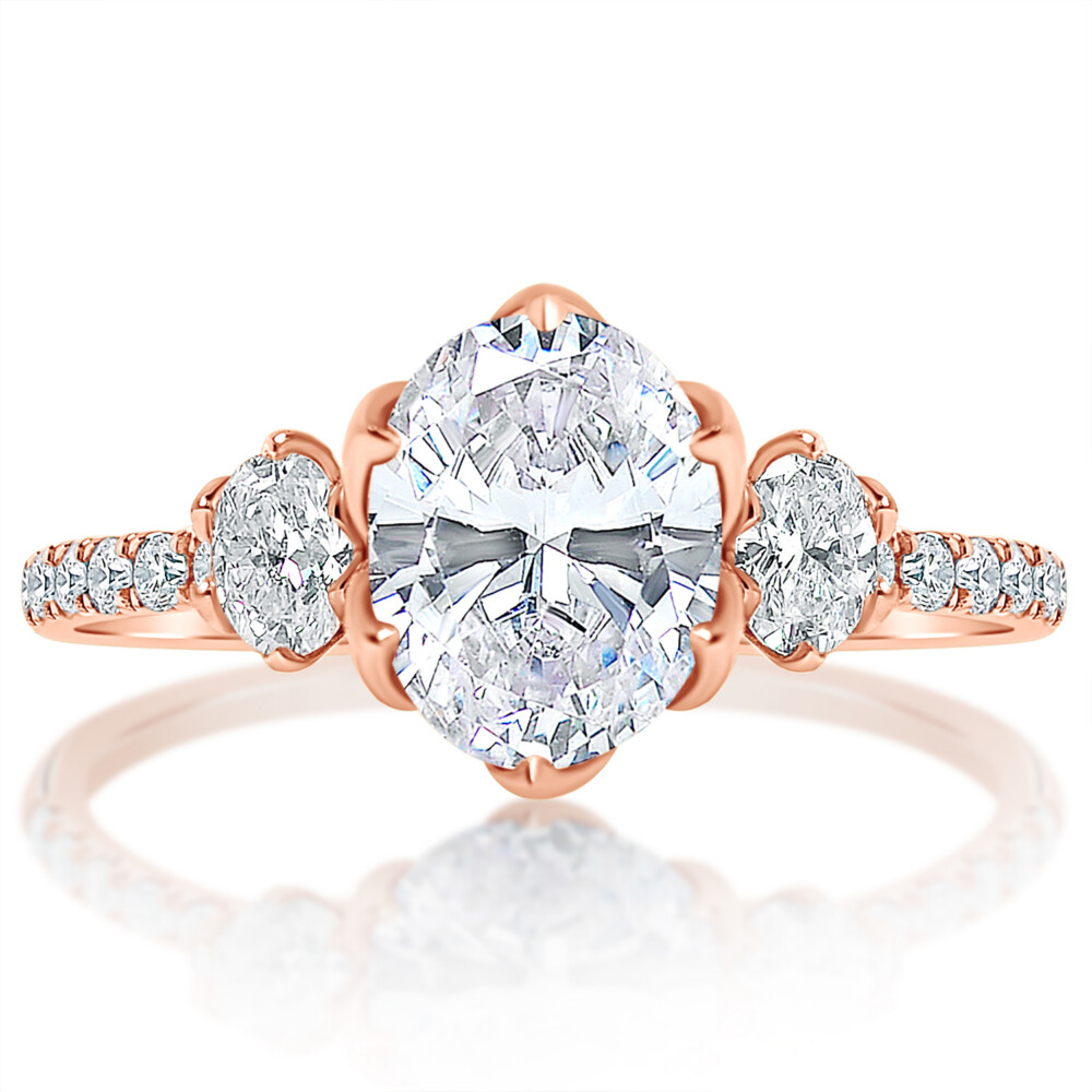 Oval Three Stone Tulip Head Engagement Ring