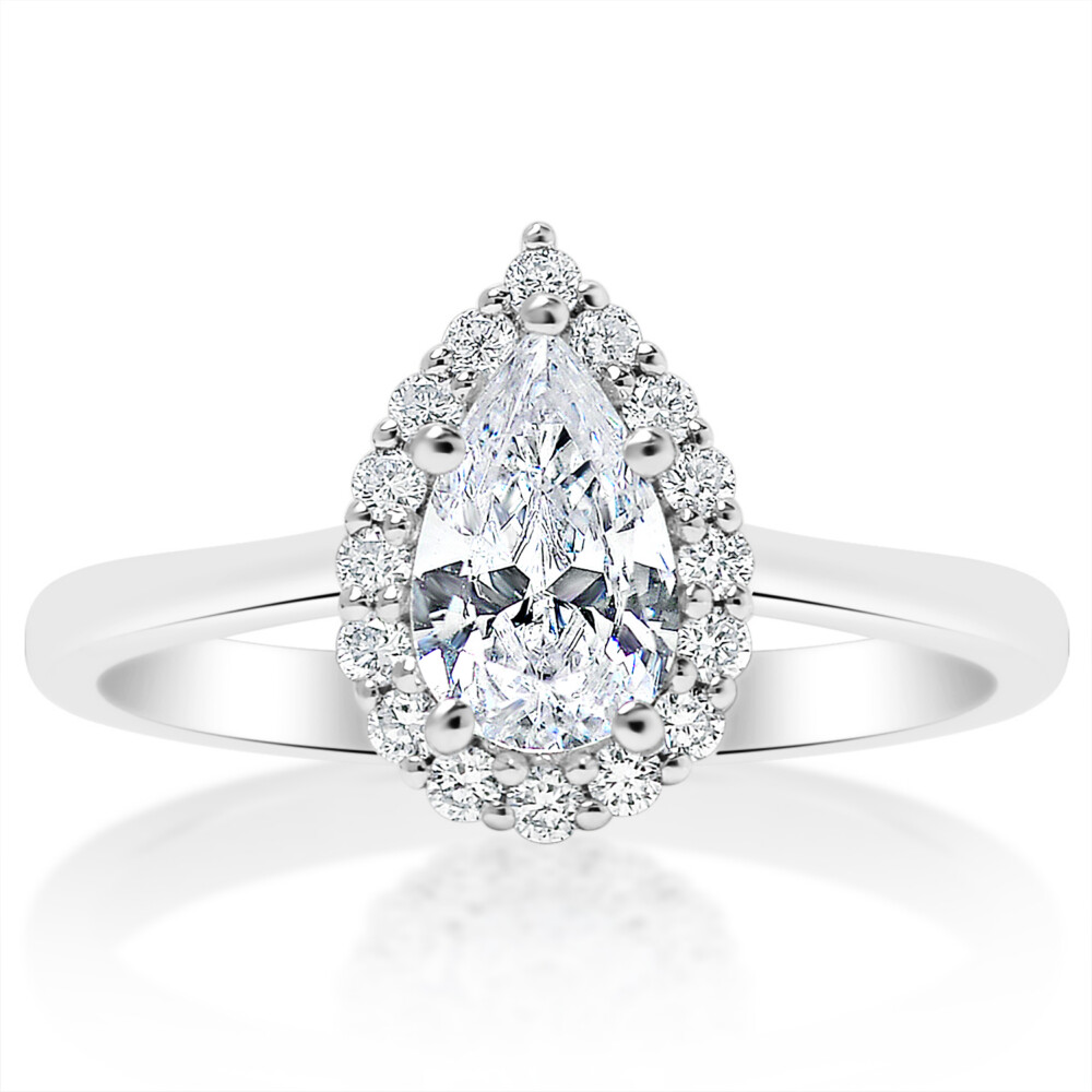 Pear Diamond Halo High Polish Shank Engagement Ring