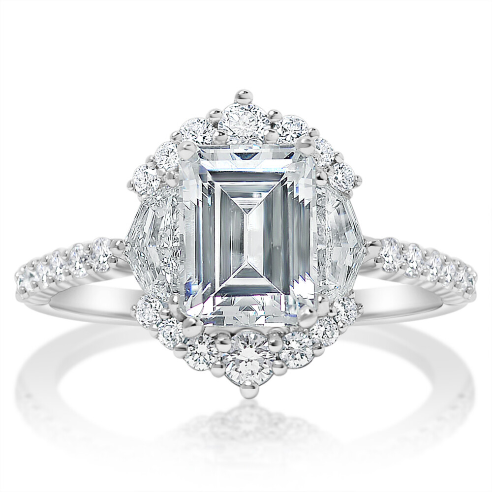 Emerald Diamond Epaulet Side Halo Engagement Ring