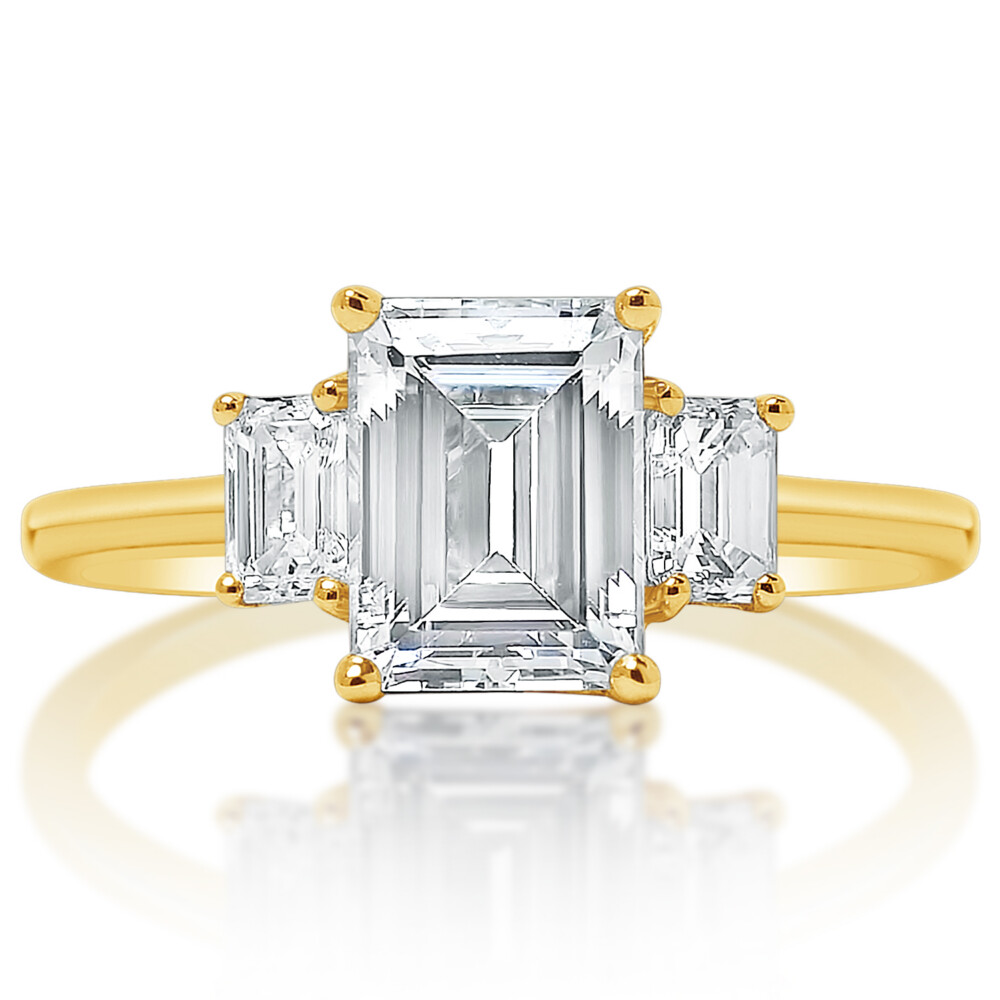 Emerald Diamond Three Stone Cathedral Set Engagement Ring