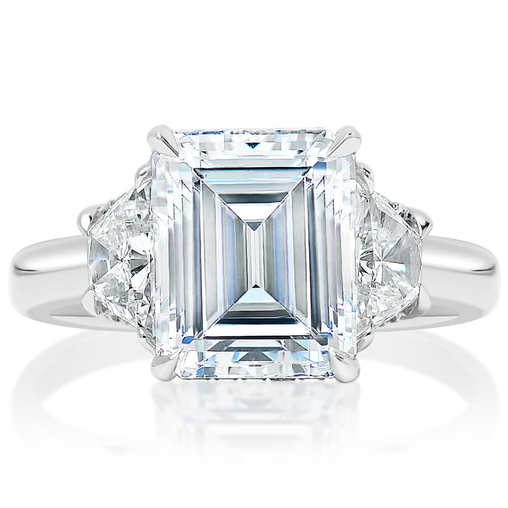 Emerald Diamond Trapezoid Sidestone Hidden Halo Engagement Ring