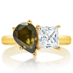 Green Sapphire Pear and Princess Diamond Toi et Moi Engagement Ring